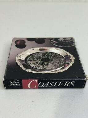 Vintage Silver-Plated Coasters Set of 4 Ornate Scalloped Embossed Patina 3.5”